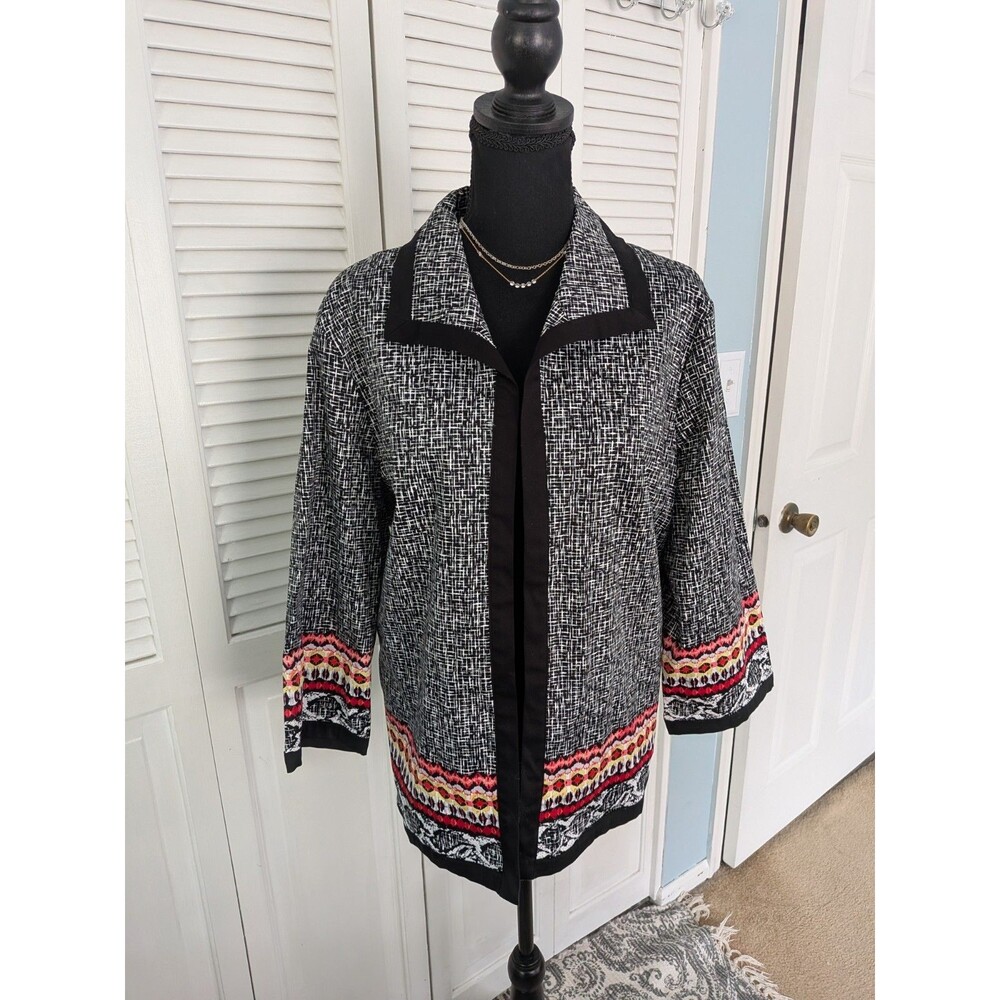 Alfred Dunner Port Antonio Lined Jacket Womens 18 Black White Multi Abstract Art